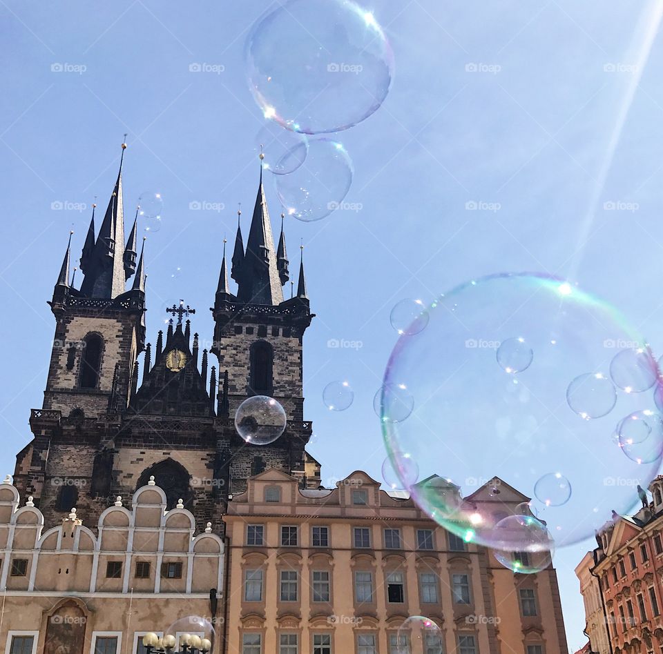 Bubbles outside the Tyn Church in Prague