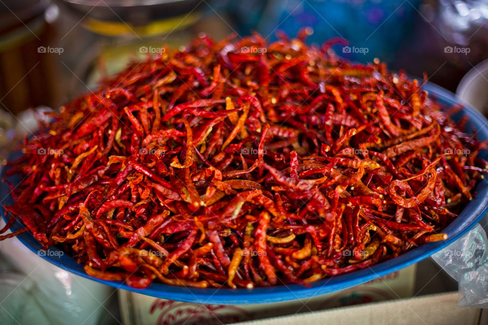 Dried red chillies at Thai local market. one of the ingredient for Thai cuisine