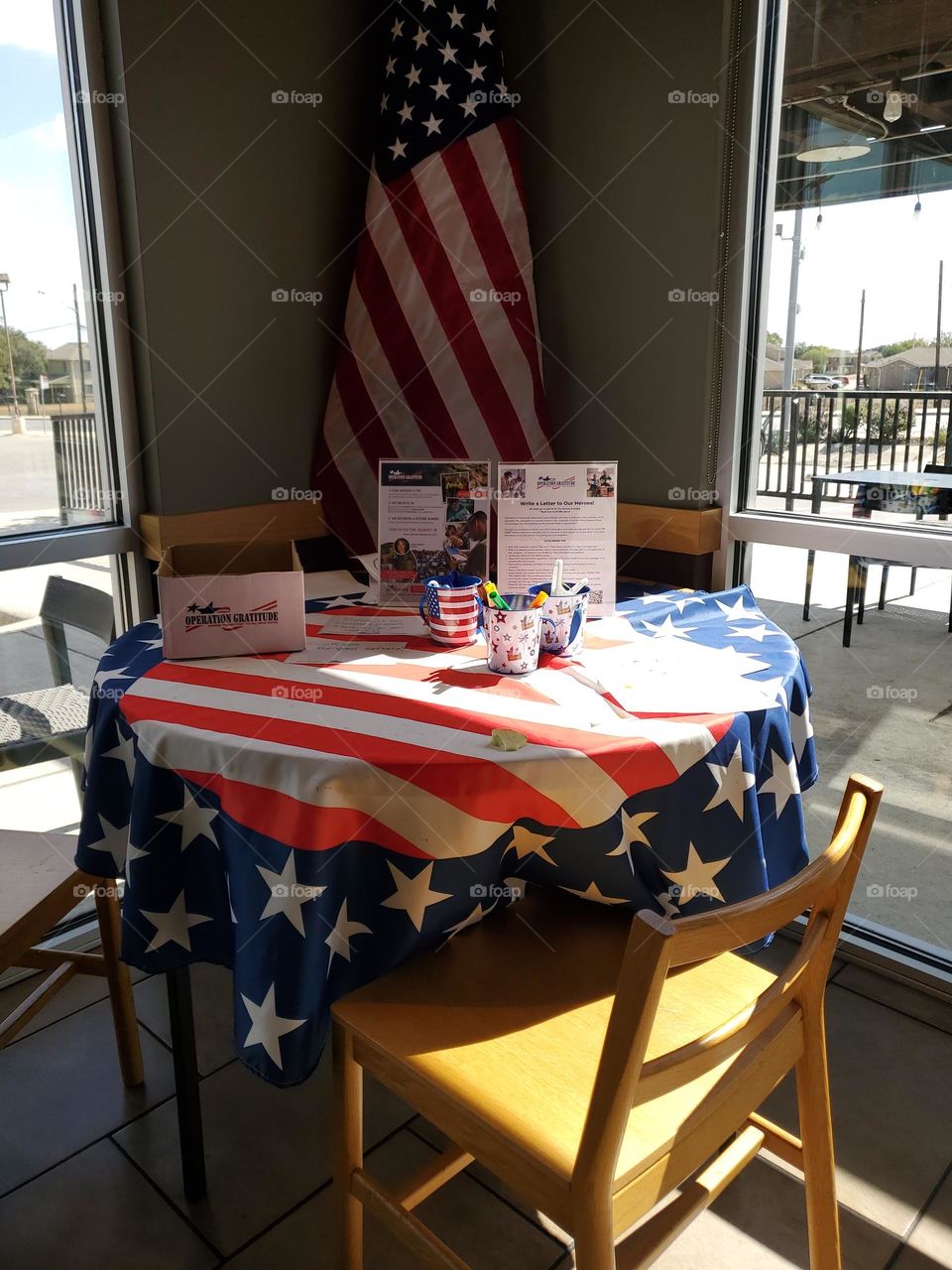 Operation Gratitude set up at local veteran owned coffee shop.