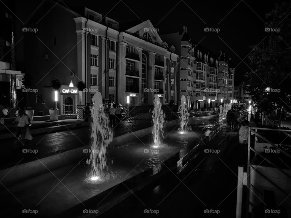 Fountain street outdoor outside building way road decor decoration design view home water stream pedestrian night part form shape beauty shades Light Black White