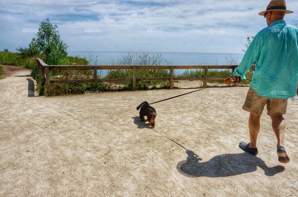 Man Walking Dog in the Park. Lake Bluff