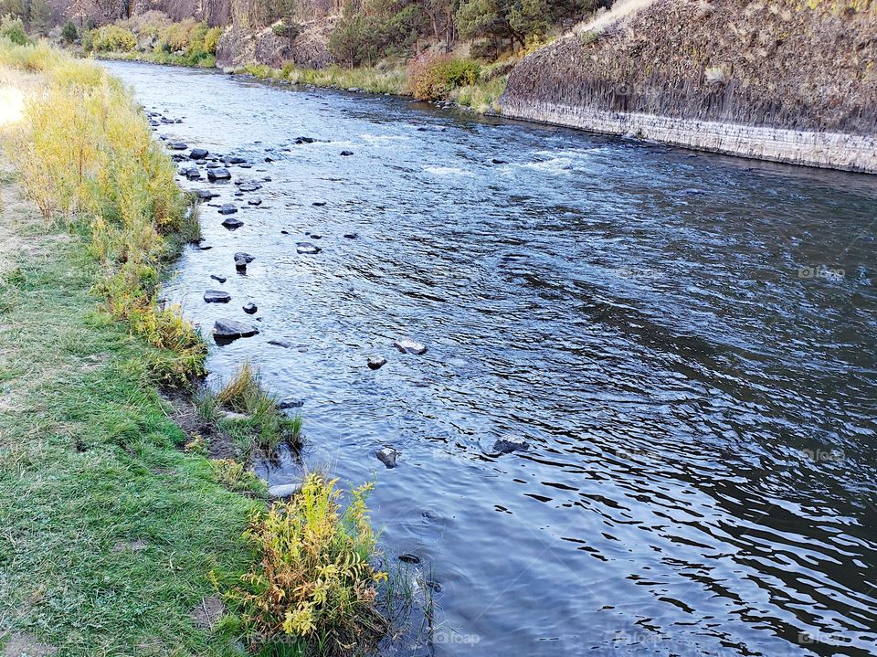 The beautiful Crooked River with fall colored bushes on its banks flows through a canyon formed from andesite and basalt flows on a nice autumn evening in Central Oregon. 