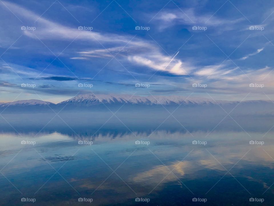 Lake mirror nordic view icy mountain Heaven atmosphere 