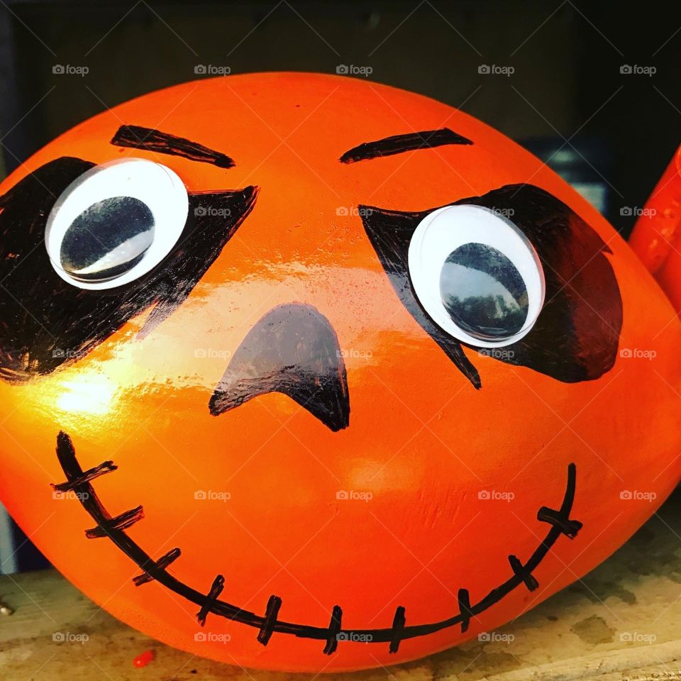 Jack-O-Nut! Coconut Halloween decorations.