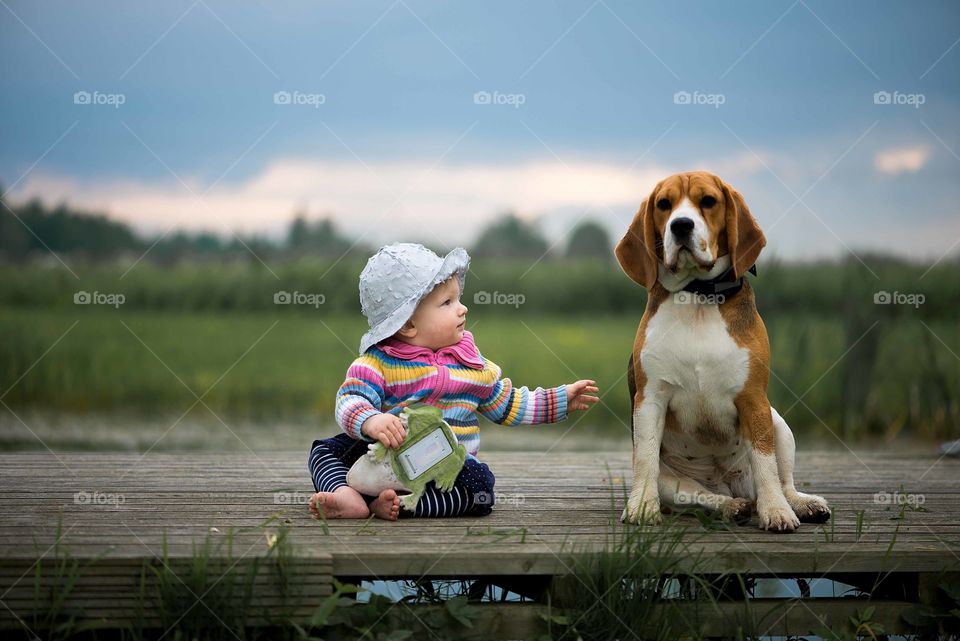 Toddler baby girl and dog sitting on wooden footbridge