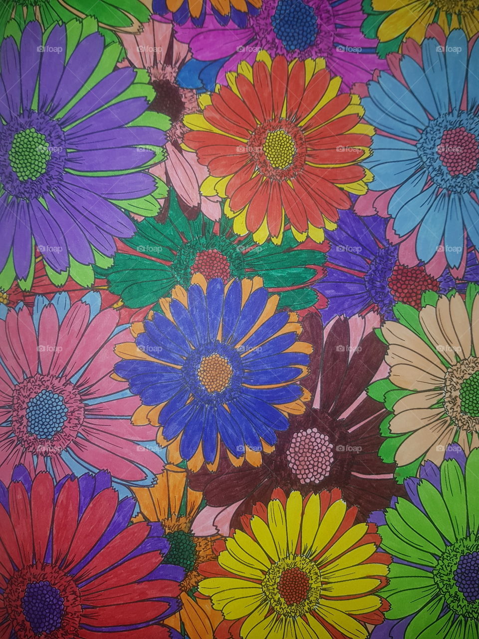 Different flowers colored. Coloring book for adults.