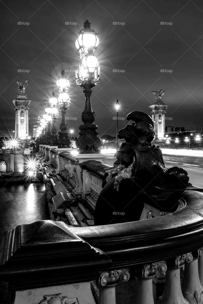 Black and white side shot of the vintage looking Alexandre III's bridge at night time with the lit lanterns and a view on two of the four pylons