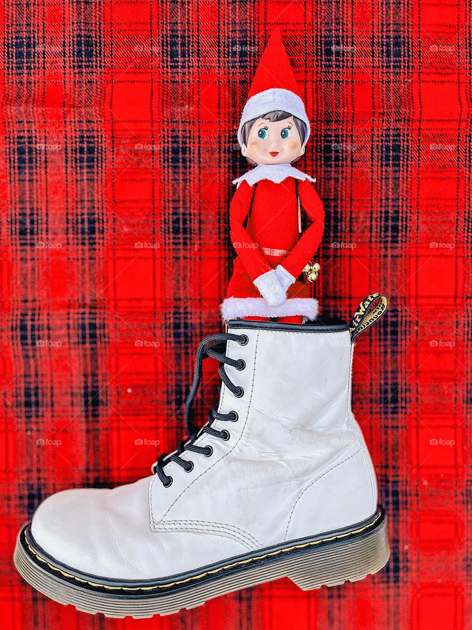 Elf on the Shelf in Doc Marten boot, peek a boo with elf on the shelf, antics with elf on the shelf, Doc Martens for Christmas gift, elf hiding in boot, Doc and elves, Christmas decorations with Doc Martens