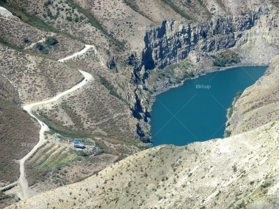 mountain gorge in the mountains of Dagestan, in Russia, mountains, river, suspension bridge
