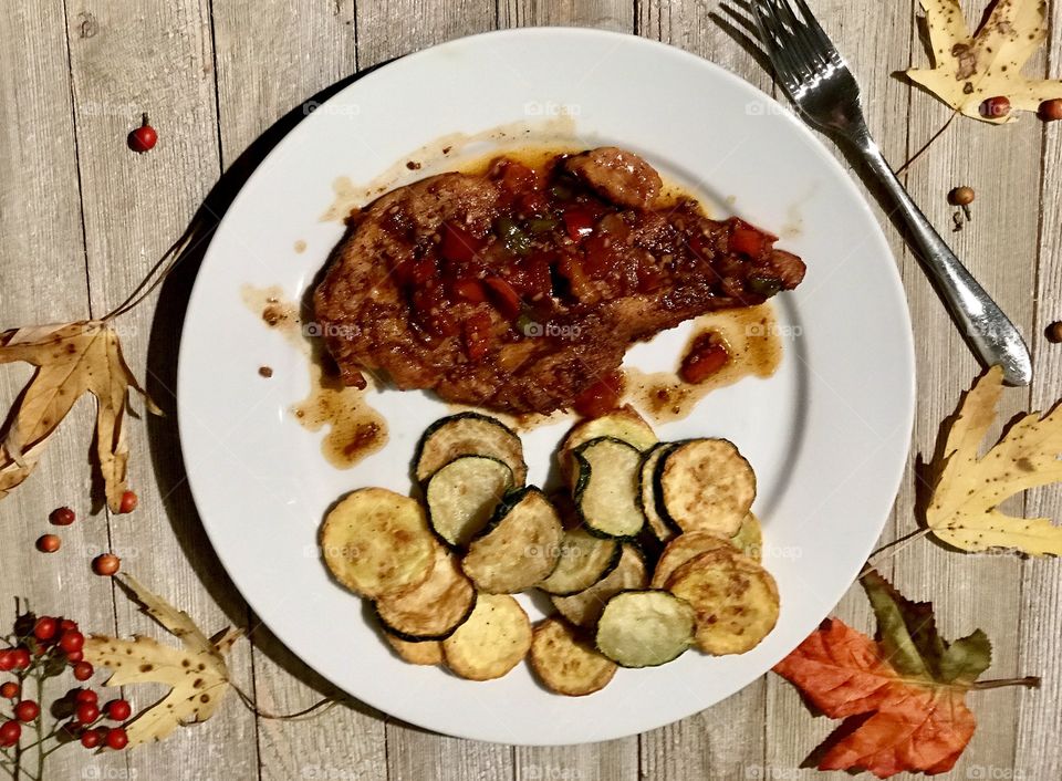 Courgette & Yellow Fried Squash With  Tenderized Chicken Breast With Re and Green Bell Pepper From My Garden And Onion, garlic, and White Wine