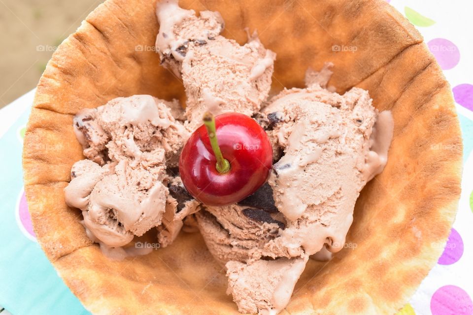 High angle view of ice cream in waffle cone