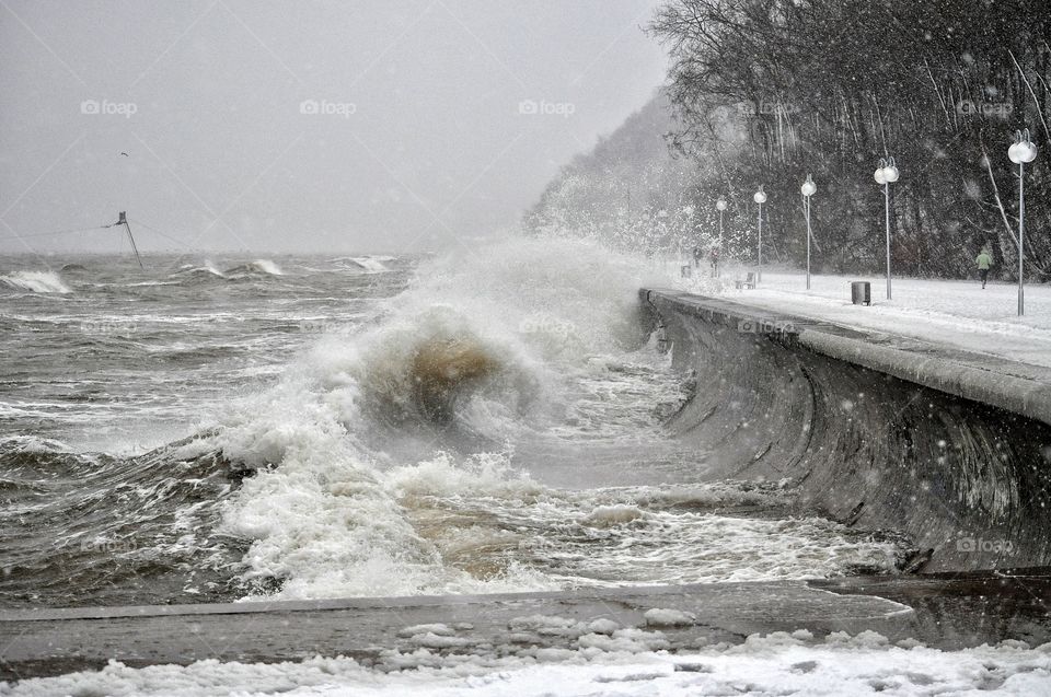 splashing waves during strong storm in the Baltic sea in Poland