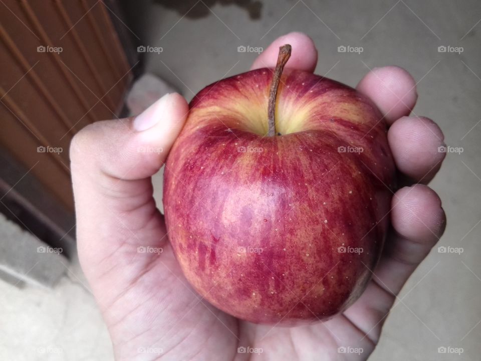 wow! Beautifull apple in my hand.I am eating with breakfast in morning time.I am healthy person to eating apple.It is rescue for many diseases.