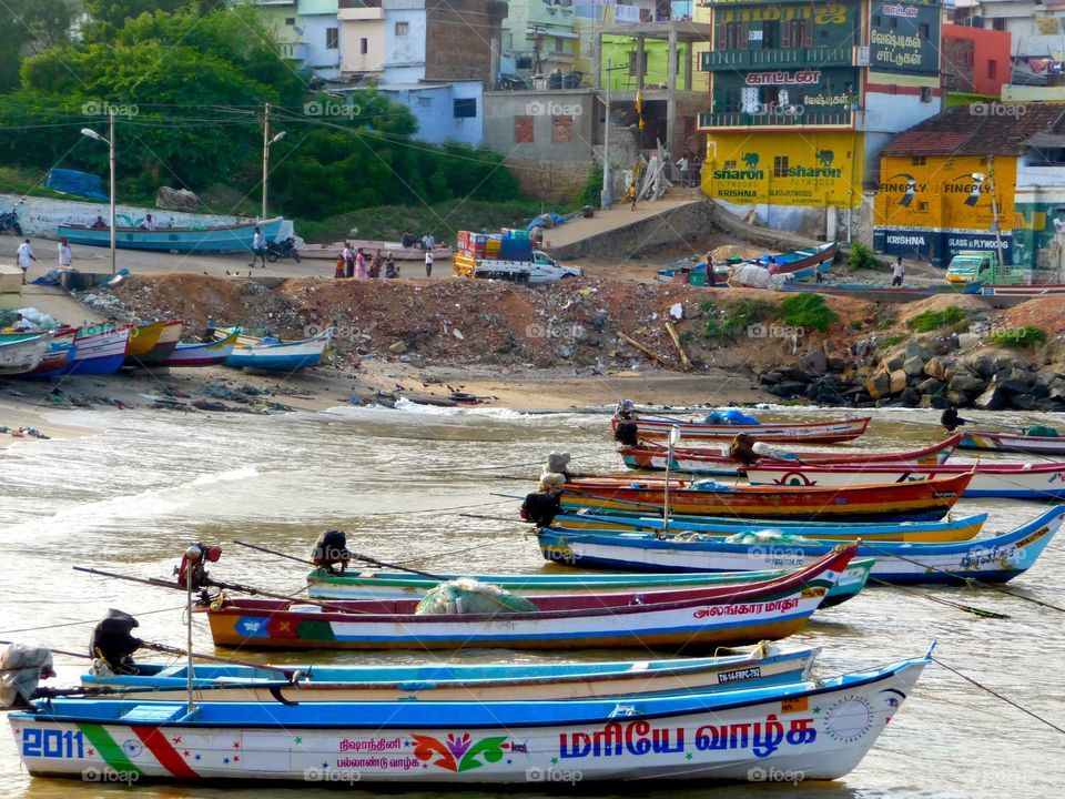 Colourful fishing boats. Colourful fishing boats on a sunny day, seen in Kerala, South India. 