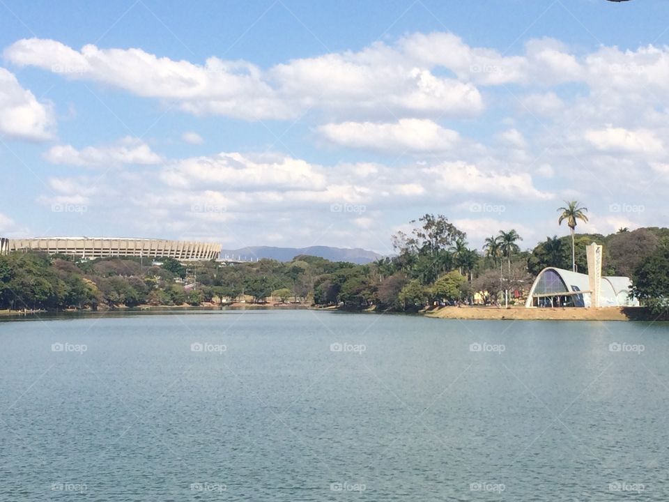 Pampulha lake (Unesco World Heritage Site) - Belo Horizonte, Minas Gerais - Brazil (featuring the 2014 World cup stadium, Mineirão and the San Francisco Church designed by Oscar Niemeyer