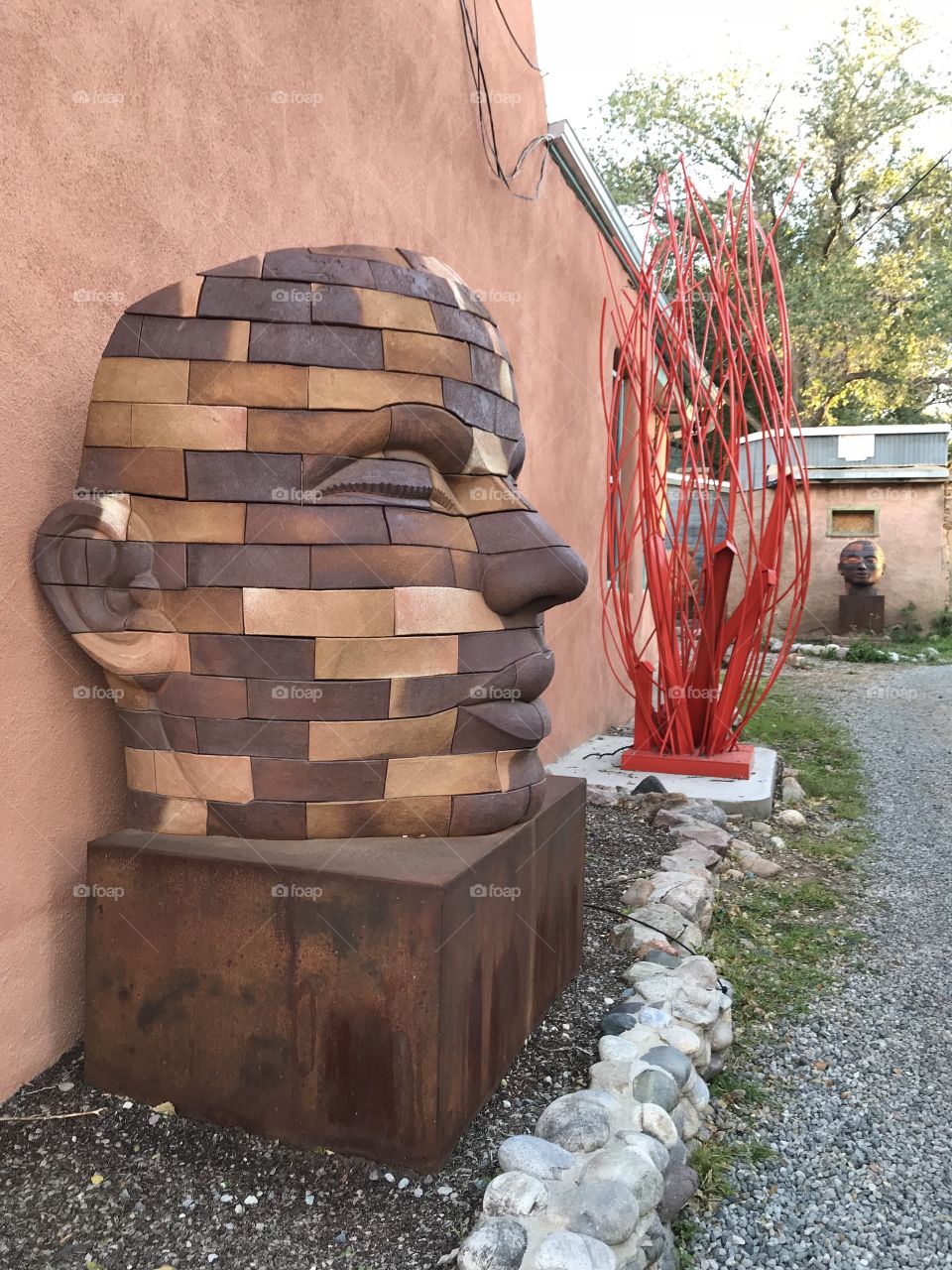 Art installations and sculptures along Canyon Road in Santa Fe, New Mexico