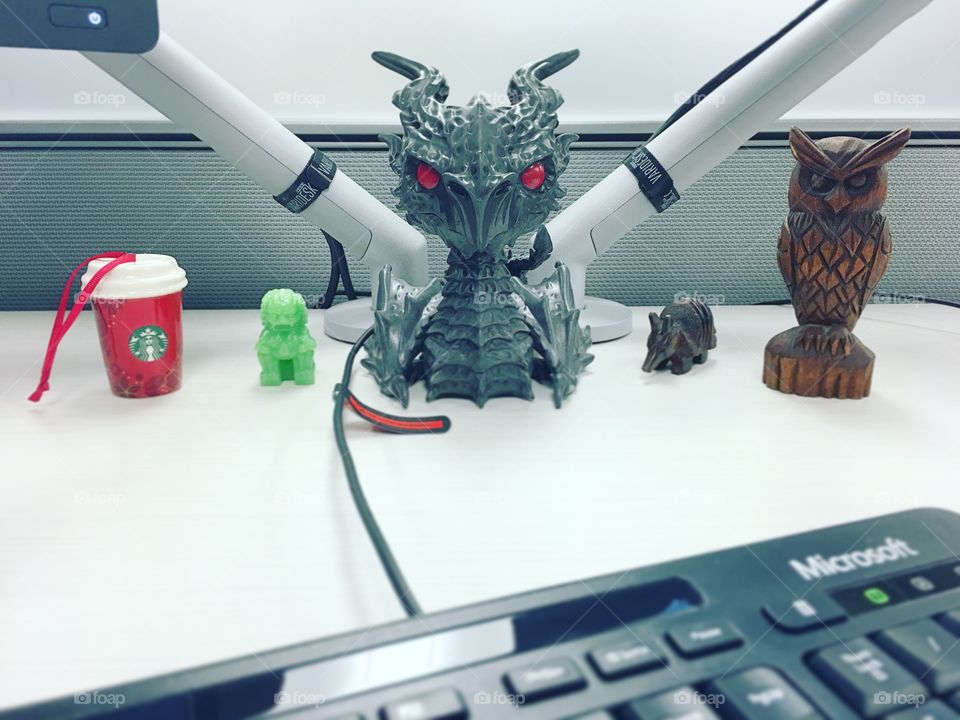 Decorations on an office desk.