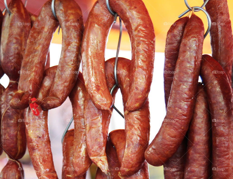 High angle view of sausages at market