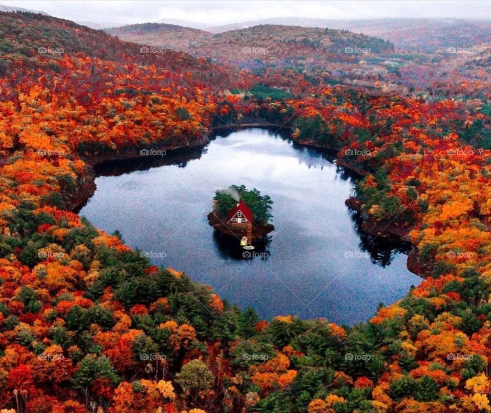 Landscape beautiful house in the middle of the lake in the mountains