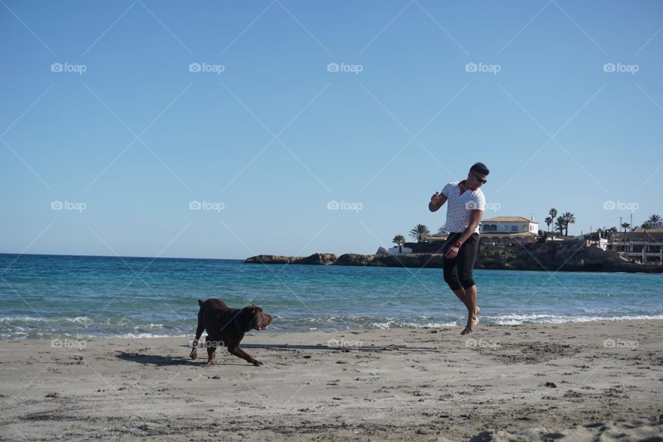 Beach#jump#sea#human#dog#activities#playing