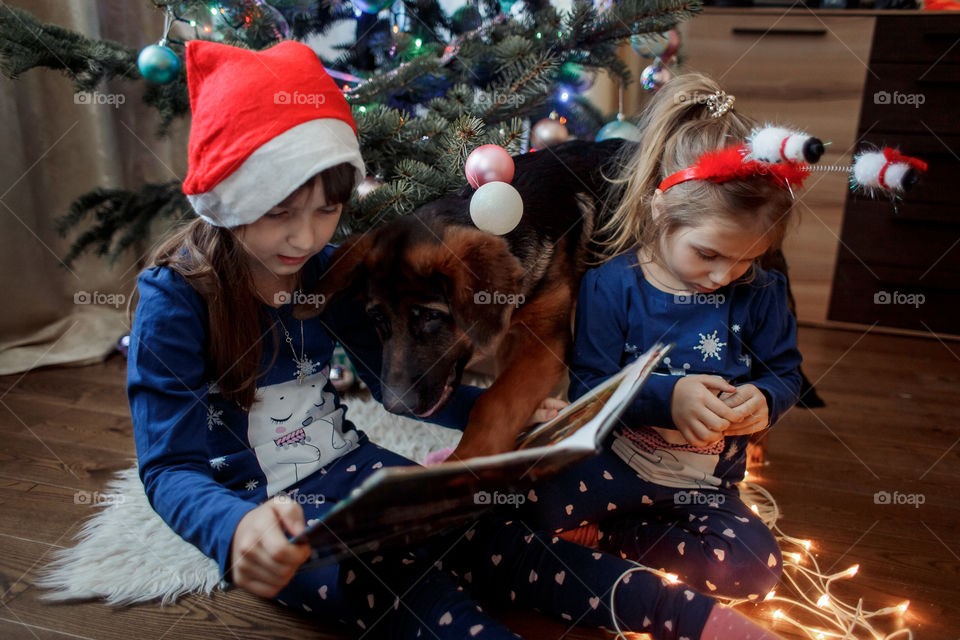 Little sisters reading a book at Christmas time 