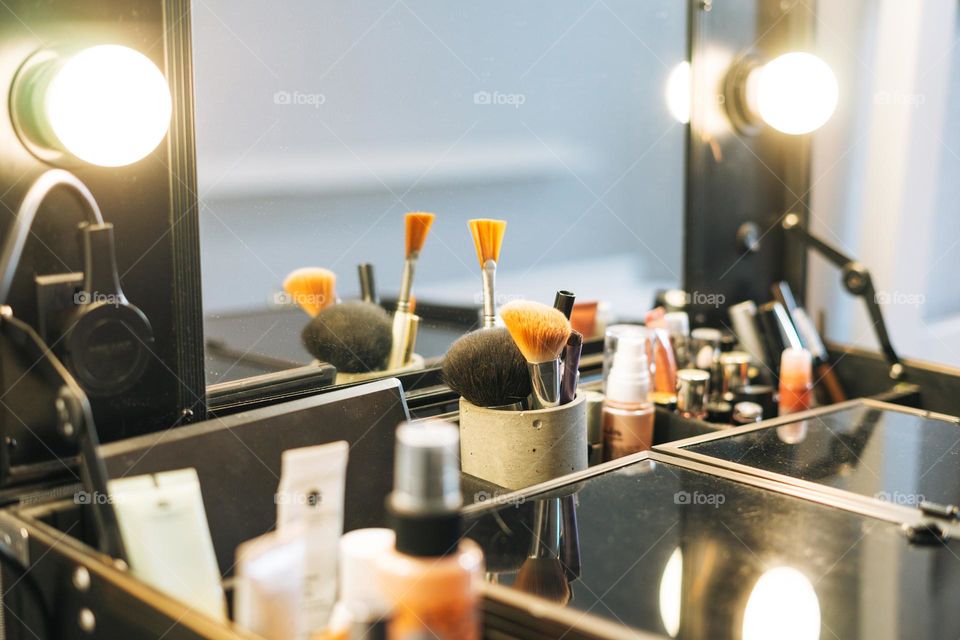 Dressing table with mirror and cosmetics