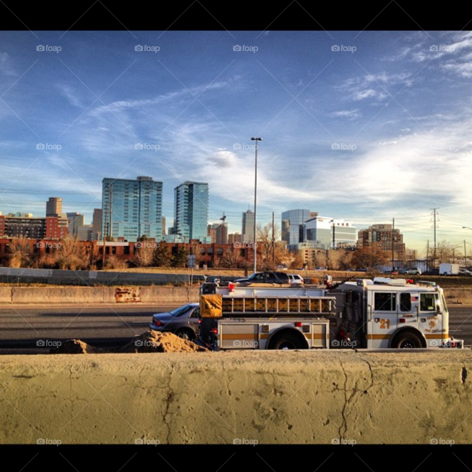 Downtown Denver. Fire truck while merging on to I-25 south Denver, Colorado