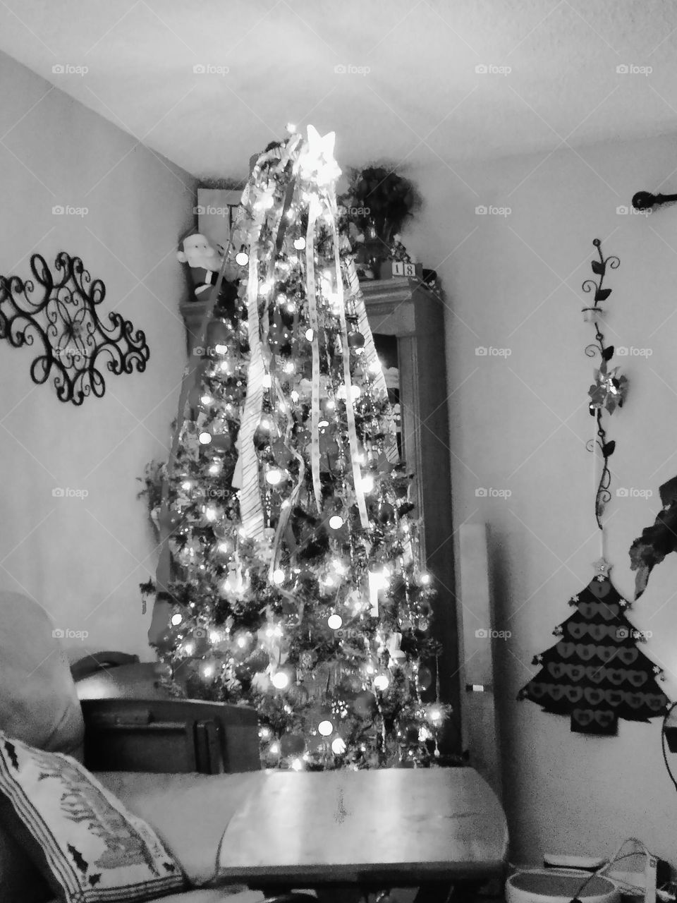 Black&White Christmas Tree. Lights. Merry Christmas.