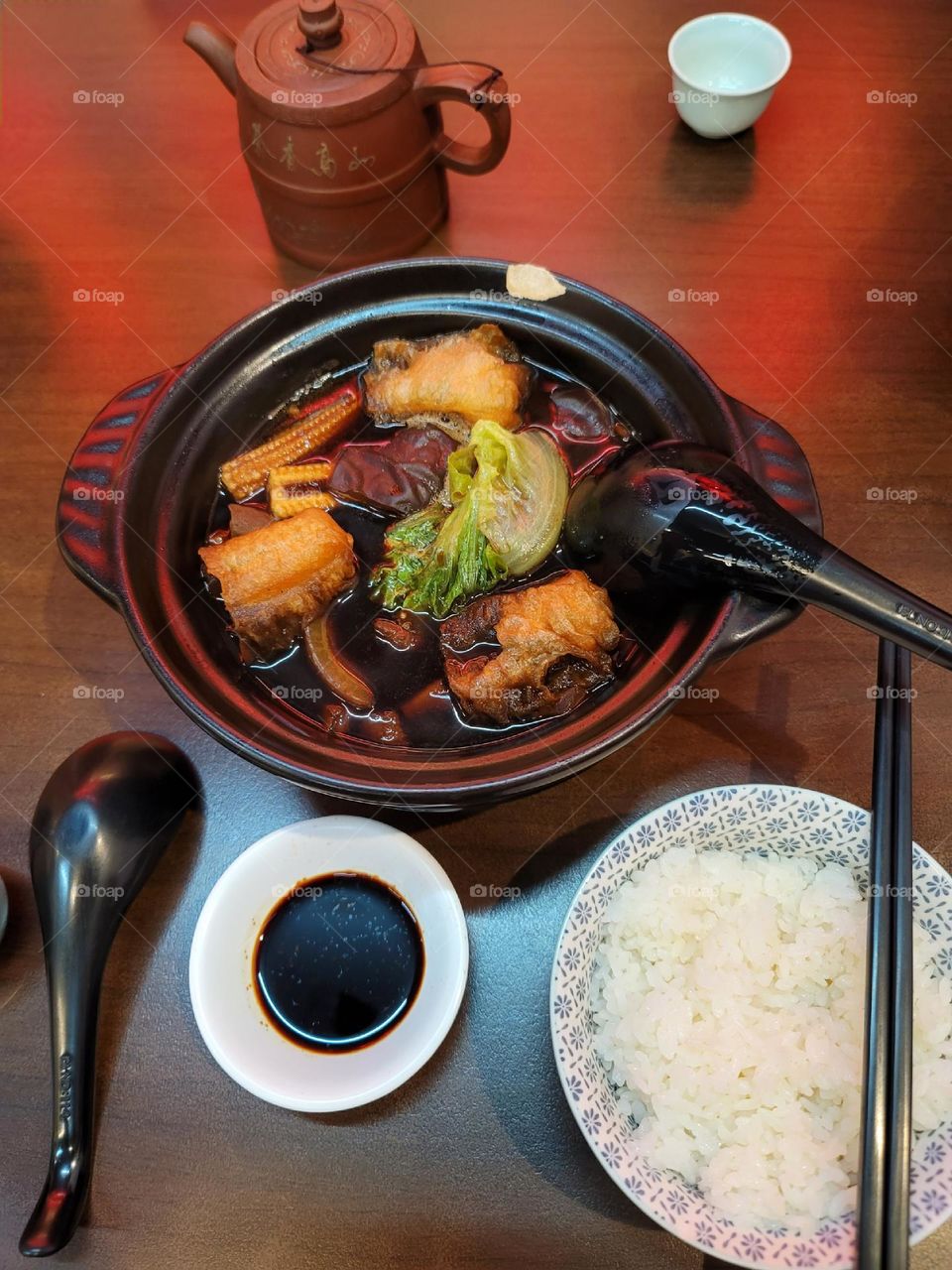 Bak kut Teh with rice and tea.