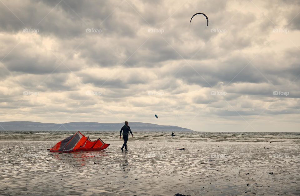 Kite surfing at Silverstrand beach in Galway, Ireland