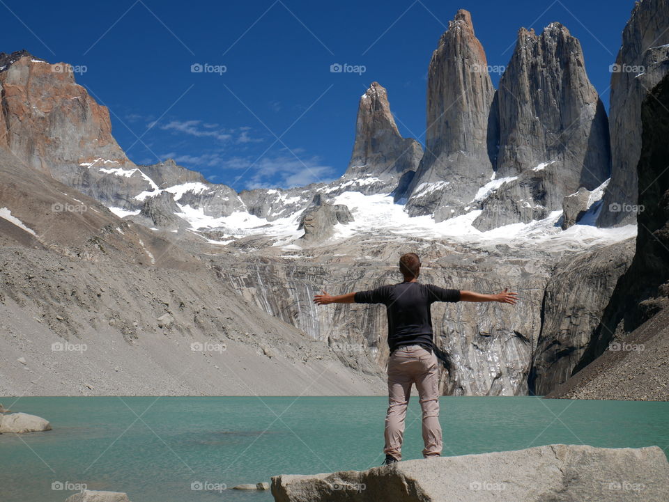 Man enjoying the view in national park Torres del Paine in Chile