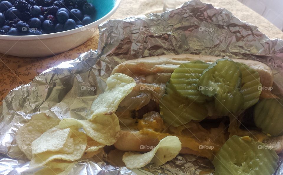 Summer Lunch. Berries, Brat and Chips