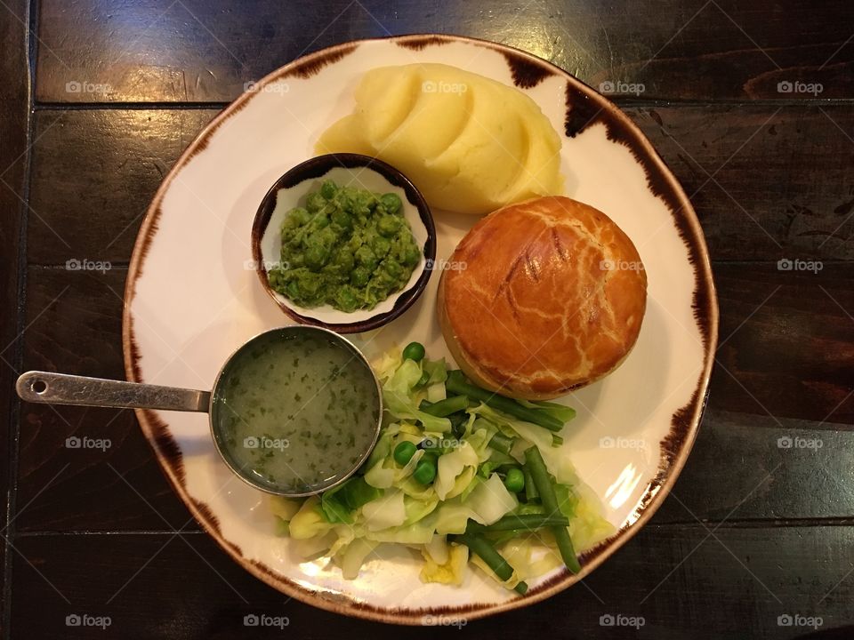 Traditional London Pie and Mash .. .Posh Mint Mushy peas (probably not so traditional)  and Liquor (parsley sauce not alcohol)