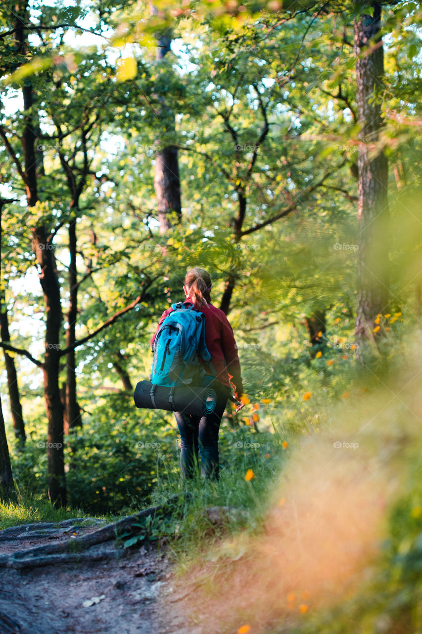 Young woman hiker with backpack walking along the path through the forest during summer vacation trip