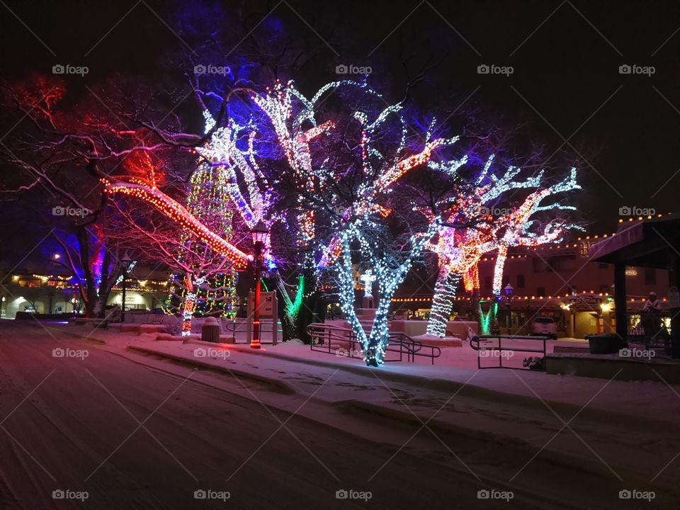 Christmas tree and holiday lights in Taos Plaza,  new Mexico