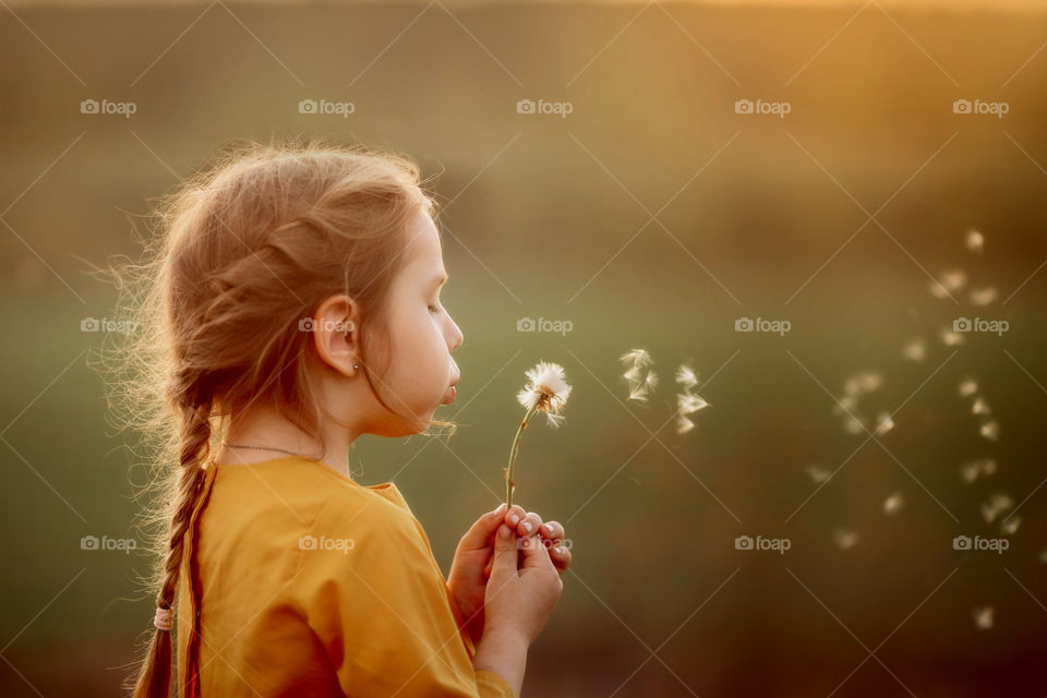 Little girl blowing dandelion at sunset