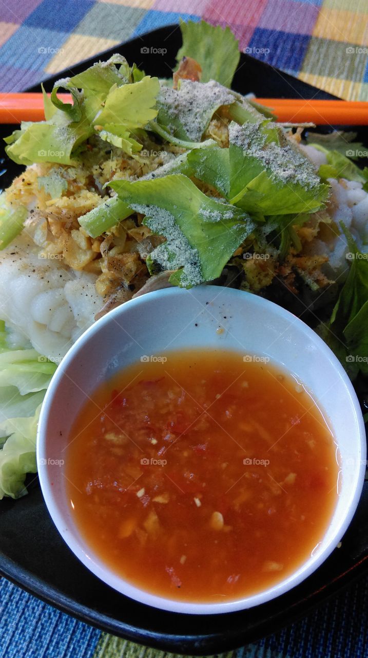 Boiled fish with spicy sauce,Thai style food,Asian food