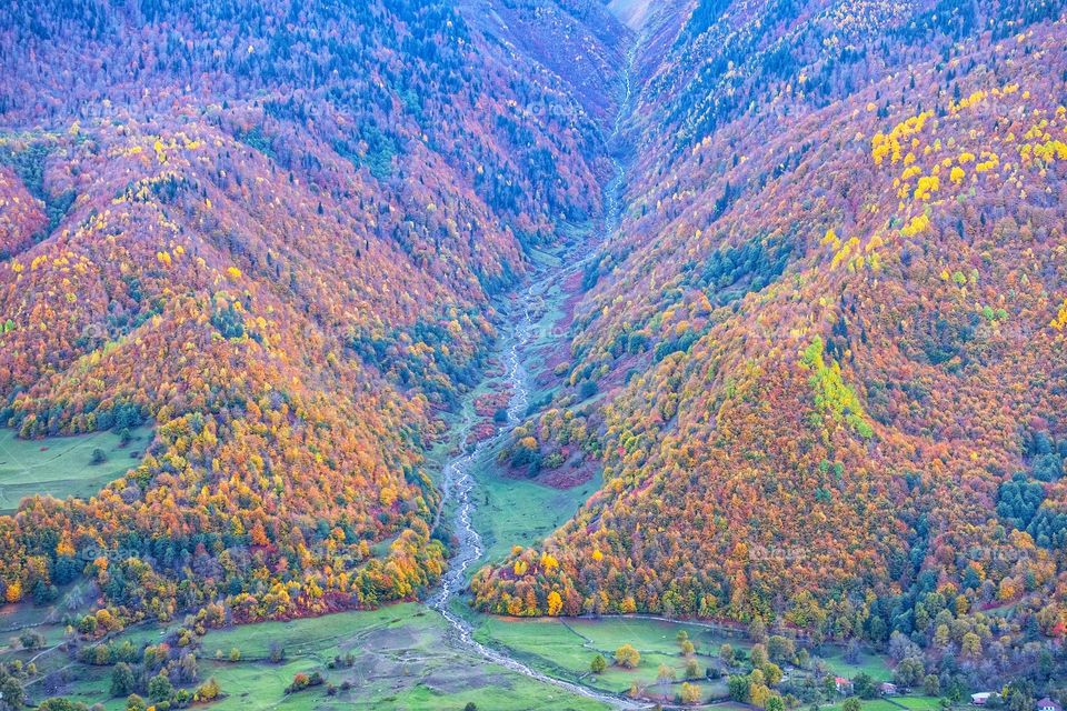 Colorful autumn scene of mountain scape along the way in Georgia 