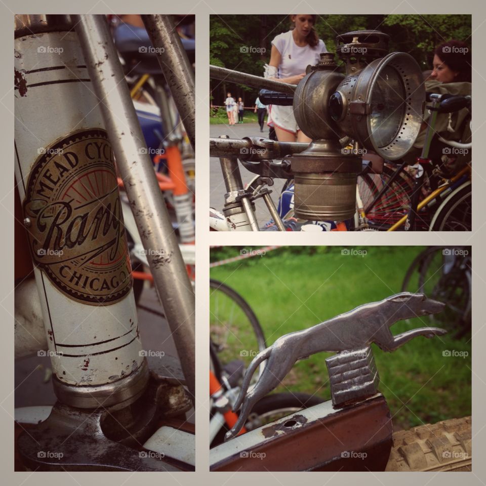 Collage of different vintage bicycle parts on the bicycle exhibition in Moscow, Russia