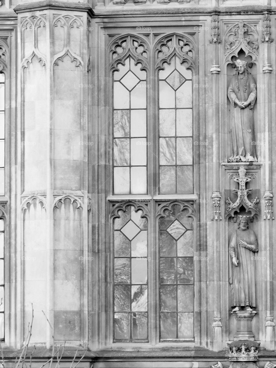 Ornate facade and Windows. Black and white photo taken in London.