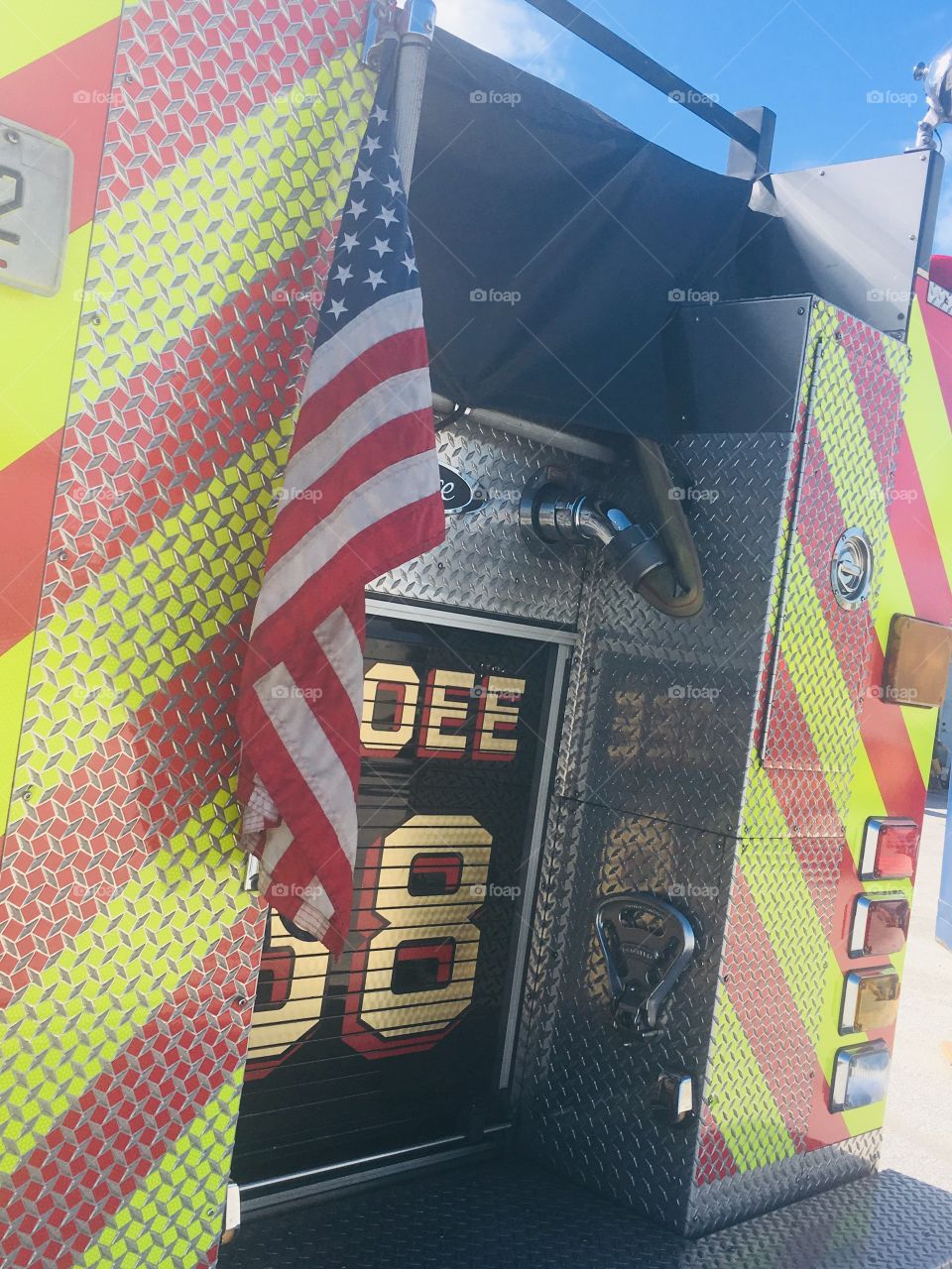 Veterans Day American flag on fire engine 