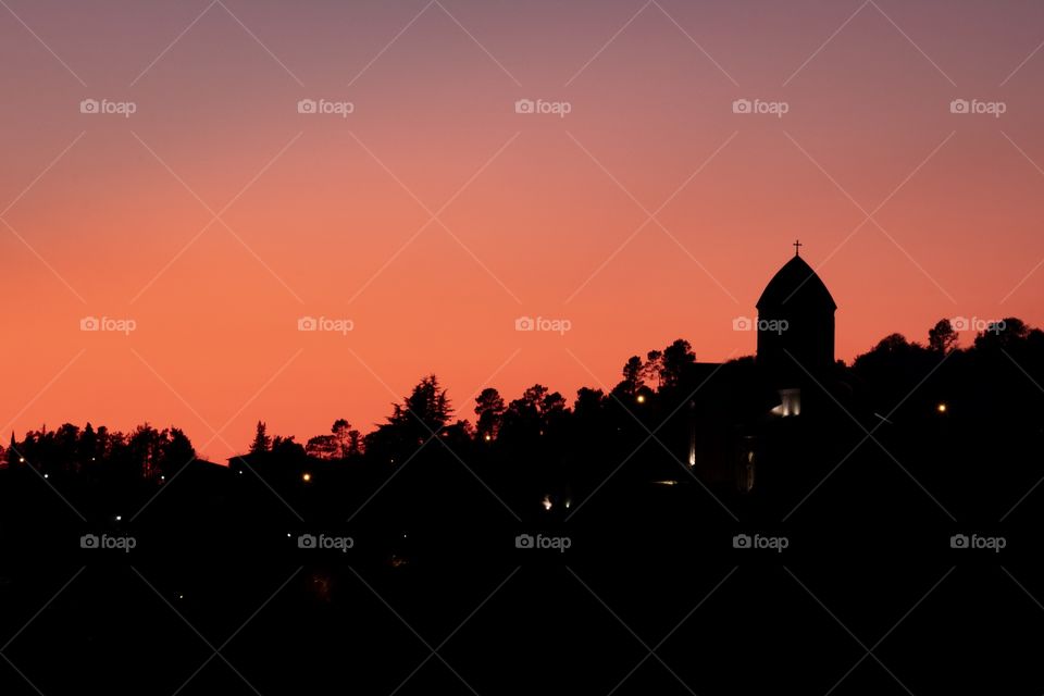 Bagrati cathedral in beautiful sunset twilight , Kutaisi Georgia , view from Green flower hotel 