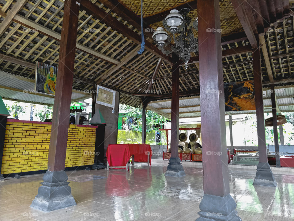 Joglo house pavilion. Javanese traditional house, there are traditional gamelan musical instruments