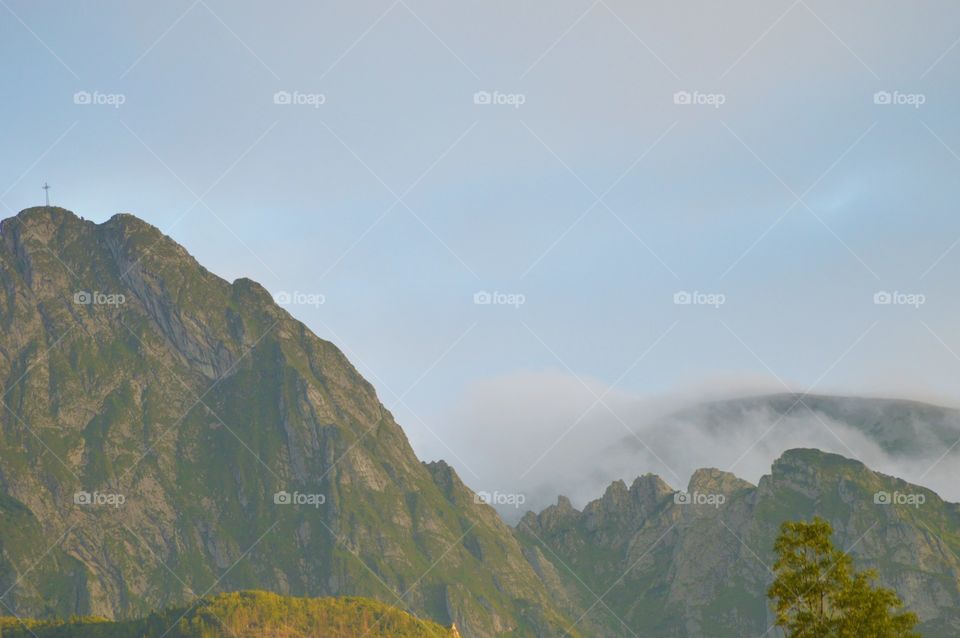 View of mountains at foggy weather