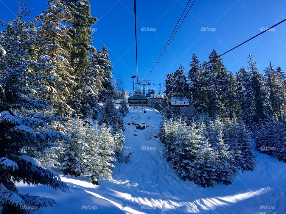 The skill hill received an enormous amount of snow recently and opened early for the season. This was the view riding the lift, heading towards the first run of the day! 