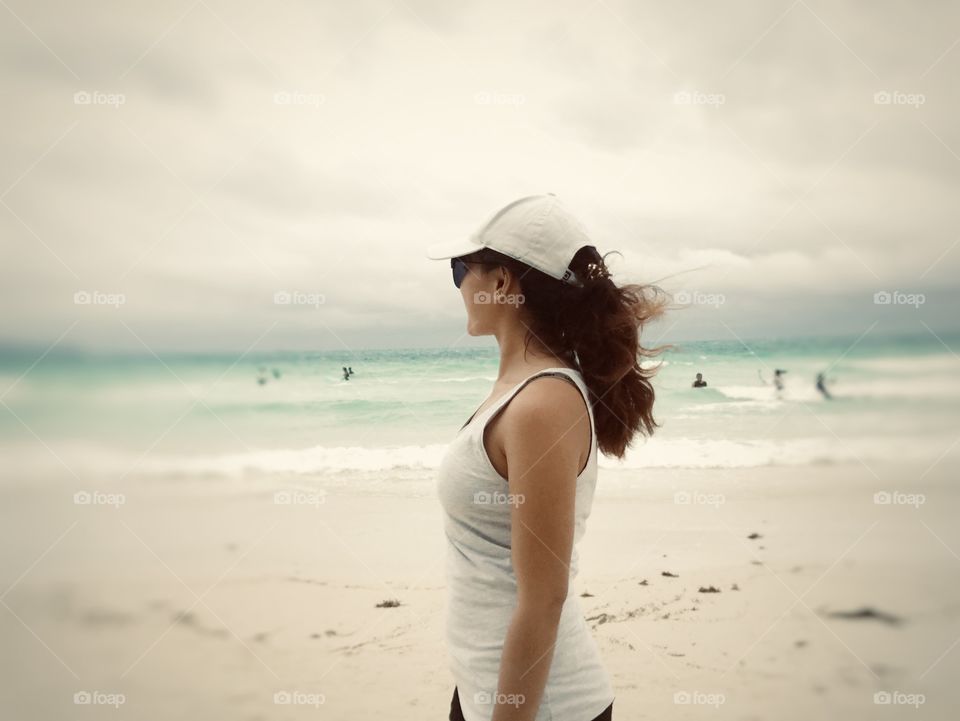 Woman in the beach vintage effect