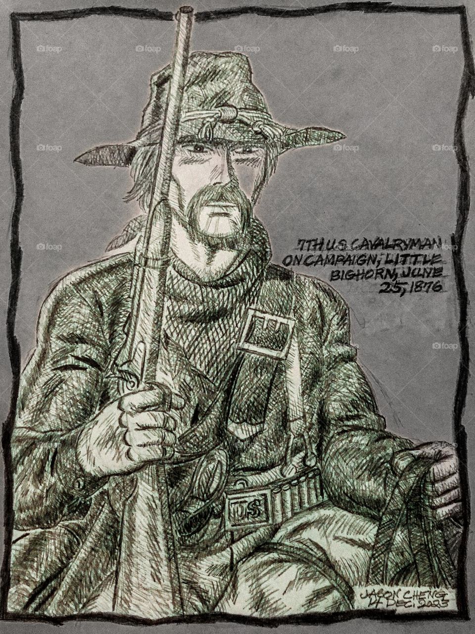 A pencil rendering of a frontier US Cavalryman in 1876.