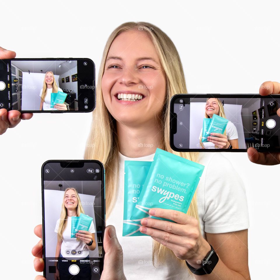 Creative shot of woman holding product 