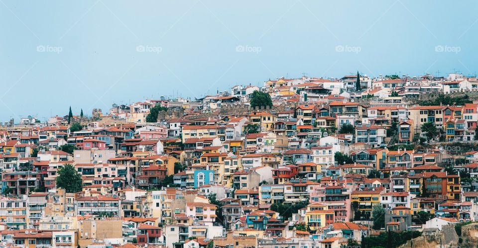 Aerial panoramic view of the colorful Thessaloniki city, Greece