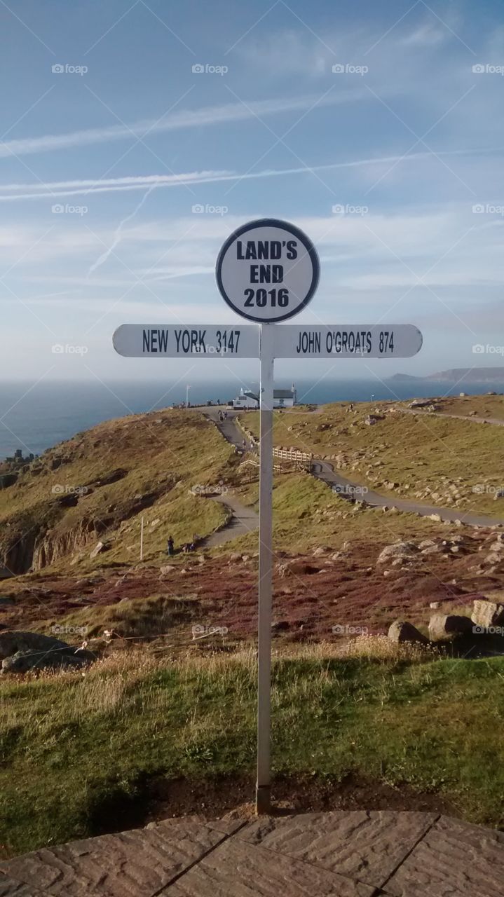 The Infamous Land's End sign at the UK's Southernmost point - Land's End in Cornwall.